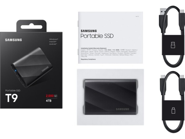 SSD Samsung T9 2 To dans son emballage avec câble USB-C vers USB-C et câble USB-C vers USB-A
