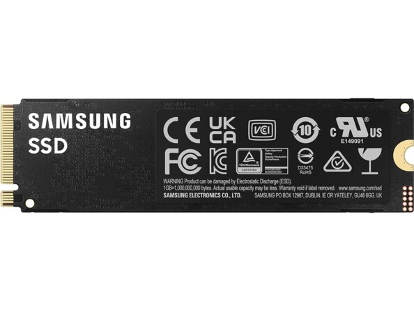 Arrière de la barrette SSD Samsung avec logos de traitement des déchets et mentions techniques