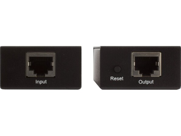 Vu côté droit de l'émetteur et du récpteur avec chacun un port RJ45 Ethernet et un bouton Reset sur le boîtier de sortie