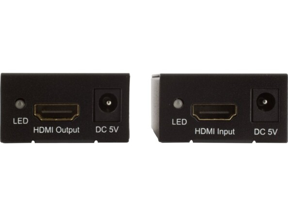 Côté gauche du boîtier émetteur et du boîtier récepteur avec chacun un port HDMI, une prise d'alimentation DC et un voyant LED de fonctionnement