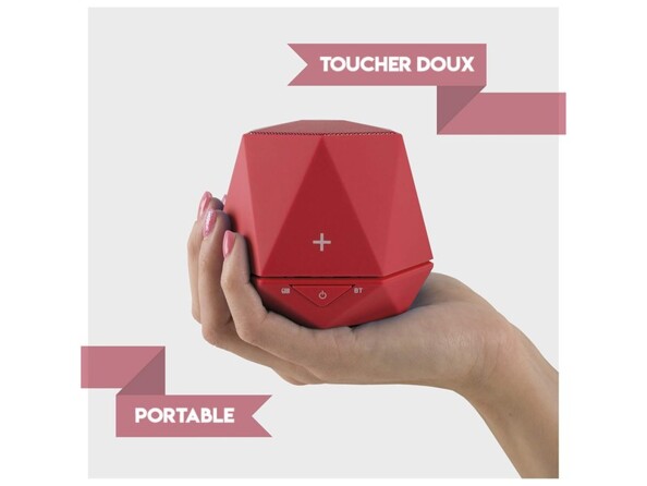 Enceinte Bluetooth portable TecPlus Geo Up rouge allie design géométrique audacieux et performances audio solides dans un format ultra-compact. Avec ses dimensions de 96 x 96 x 84 mm et un poids plume de 280 g