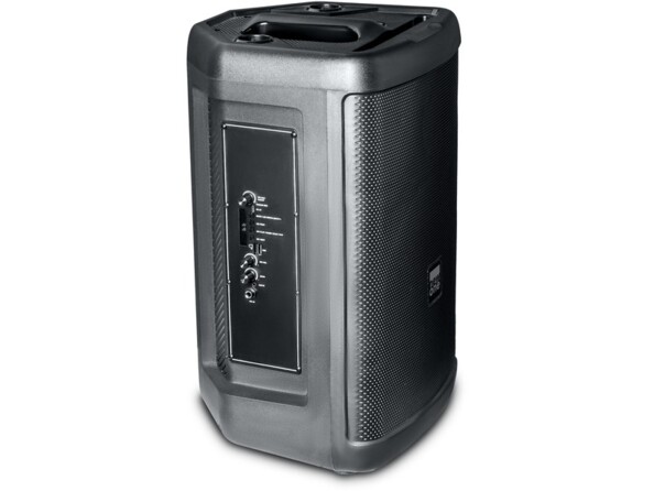 Vue du dessus de biais côté droit de la sono portative 150 W New One coloris noir avec poignée sur le dessus et panneau de commande sur la droite