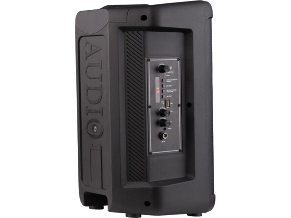 Vue de biais côté droit de l'arrière du boîtier avec boutons de réglage, port USB, prise jack, entrée MicroSD et AUX