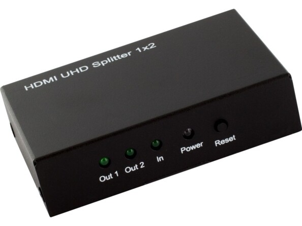 Arrière du boîtier rectangulaire du répartiteur et splitter HDMI UHD 1x2 avec voyants LED de fonctionnement et bouton de réinitialisation