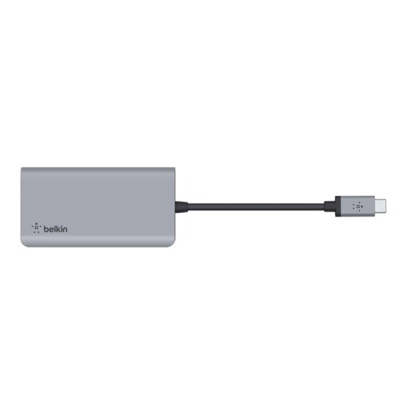 Vue du dessus de l'adaptateur multiport 4 en 1 Belkin coloris gris avec câble USB-C 12,5 cm intégré
