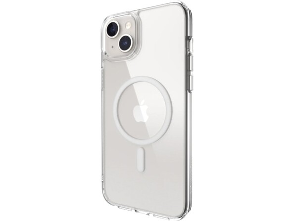 Vue arrière de biais d'un iPhone 15 Plus avec étui de protection antichoc renforcé transparent avec aimant magnétique MagSafe