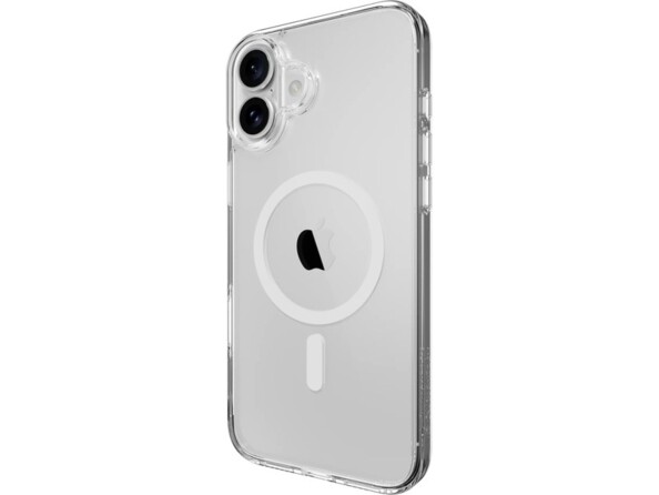 Vue arrière de biais d'un iPhone 16 Plus avec étui de protection antichoc renforcé transparent avec aimant magnétique MagSafe