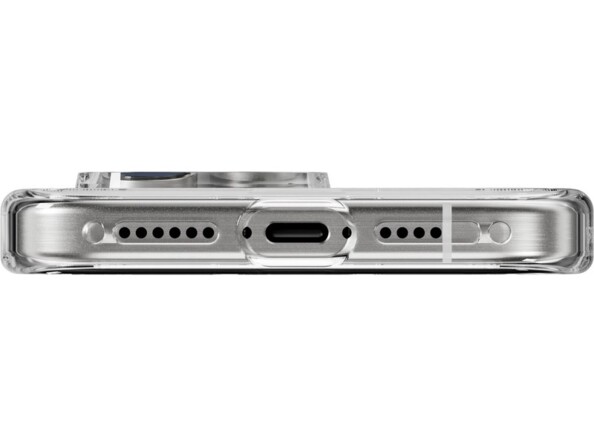 Vue du dessous du smartphone Apple avec coque transparente avec coins renforcés, port de chargement USB-C et haut-parleurs