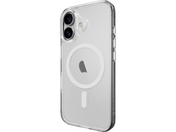 Vue arrière de biais d'un iPhone 16 avec étui de protection antichoc renforcé transparent avec aimant magnétique MagSafe