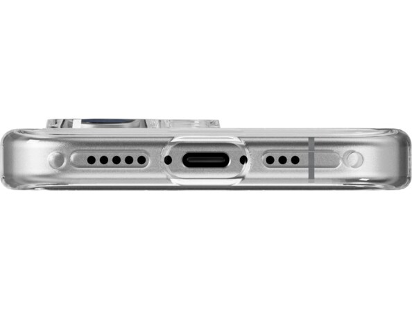 Vue du dessous du smartphone Apple avec coque transparente avec coins renforcés, port de chargement USB-C et haut-parleurs