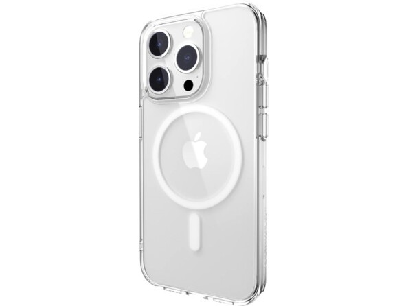 Vue arrière de biais d'un iPhone 15 Pro avec étui de protection antichoc renforcé transparent avec aimant magnétique MagSafe