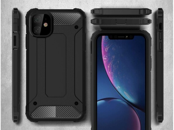 Vues multiples de la coque renforcée aux coins et bords surélevés coloris noir sur un iPhone 11 avec écran allumé