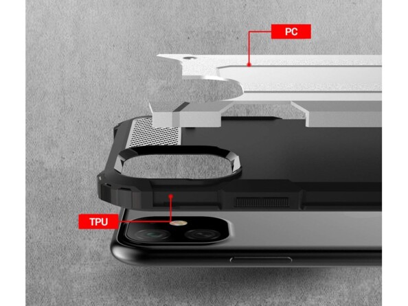 Vue explosée côté droit à l'arrière d'un smartphone Apple de l'étui antichocs bi-matériaux en TPU et PC