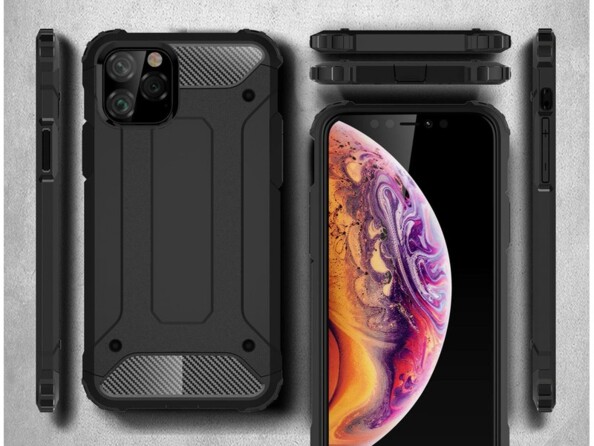 Vues multiples de la coque renforcée aux coins et bords surélevés coloris noir sur un iPhone 11 Pro avec écran allumé