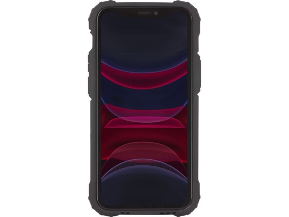iPhone avec écran allumé protégé avec un étui renforcé coloris noir rigide renforcé au niveau des coins