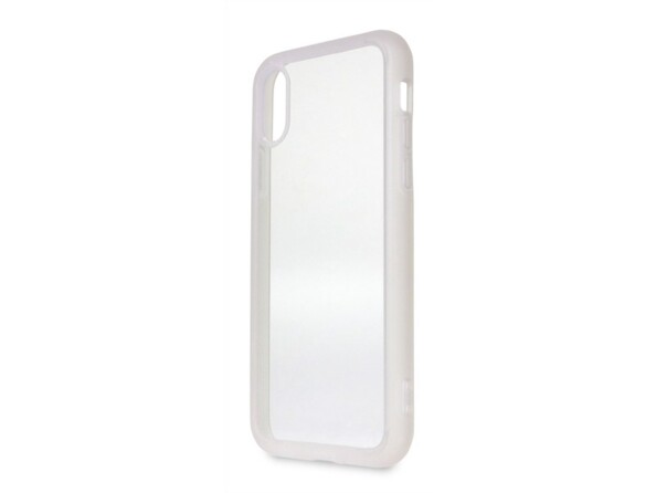 Coque de protection militaire transparente pour iPhone X / XS de biais côté droit avec ouvertures pour appareil photo, bouton volume ON/OFF, port de chargement et haut-parleurs