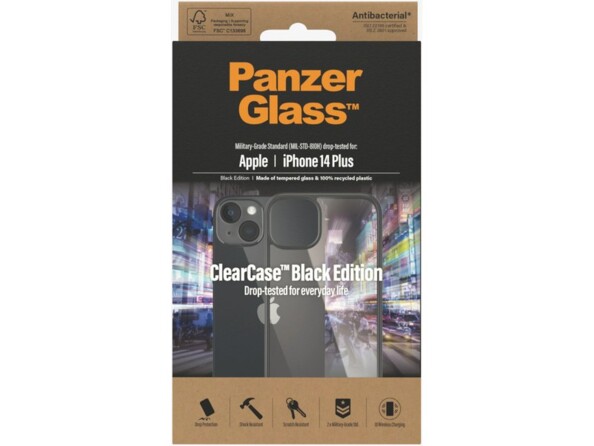 Coque de protection antibactérienne, antichute et antirayures PanzerGlass pour iPhone 14 Plus dans son emballage