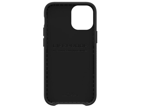 Vue de face de l'intérieur de la coque en plastique recyclé d'origine marine coloris noir LifeProof Wake avec logo texturé de la marque et picots souples sur les contours internes