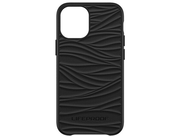 Vue arrière de face de l'étui antichoc avec revêtement texturé en relief type vagues de la coque LifeProof WAKE coloris noir avec ouvertures pour appreil photo arrière et protection des boutons