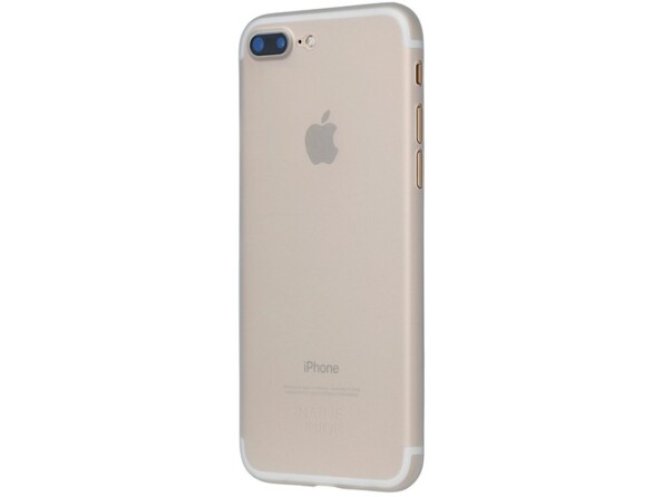 Vue arrière de biais côté gauche d'un iPhone coloris rose pâle avec coque transparente et boutons accessibles