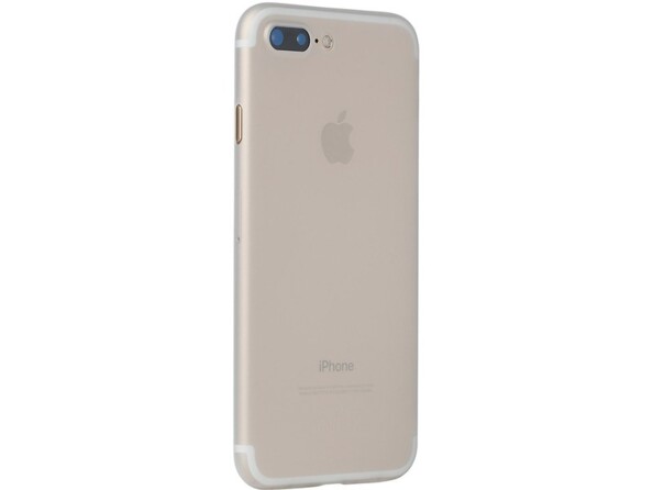 Vue arrière de biais côté droit d'un iPhone coloris rose pâle avec coque transparente avec ouvertures pour appareil photo et boutons accessibles
