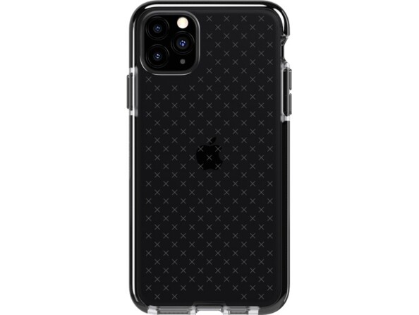 Face arrière d'un iPhone 11 Pro Max coloris noir avec étui de protection antichoc renforcé coloris noir fumé avec motifs de croix translucide