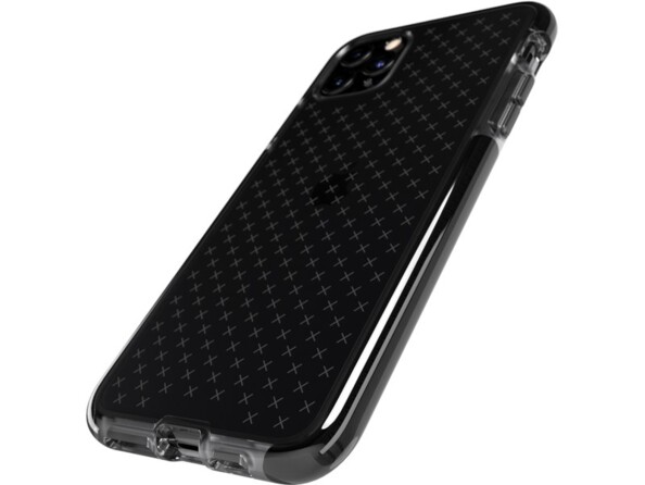 Vue arrière de biais côté gauche de la coque Evo Check Smokey/Black Tech21 sur un iPhone 11 Pro Max avec ouvertures pour appareil photo, port de chargement Lightning et haut-parleurs