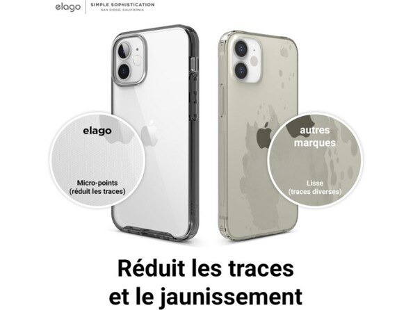 Zoom sur le revêtement durable anti-traces de doigt et jaunissement de la coque hybryde pour iPhone 12 Mini