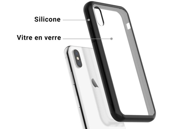Coque transparente en verre trempé avec bords en silicone souple couleur noir en lévitation à l'arrière d'un iPhone 10