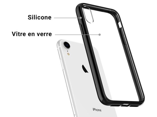 Coque transparente en verre trempé avec bords en silicone souple couleur noir en lévitation à l'arrière d'un iPhone XR