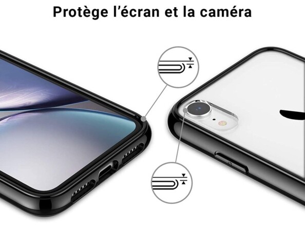 Gros plans sur les bords surélevés autour de l'écran et autour de la caméra arrière d'un smartphone Apple