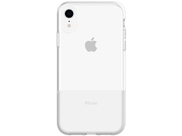 Vue arrière d'un iPhone 10R coloris blanc avec coque souple transparente Incipio NGP avec bords surélevés et protection des boutons