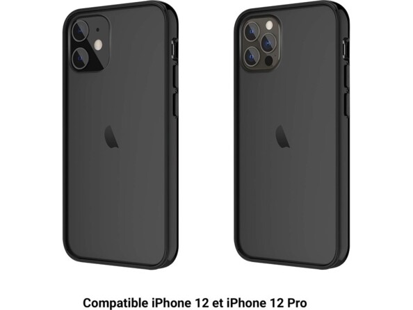 Compatibilité iPhone 12 et iPhone 12 Pro illustrée sur un iPhone de chaque type avec coque de protection bi-matériaux
