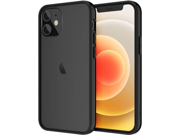 Vue arrière et de face d'un iPhone 12 Mini coloris noir avec coque de protection transparente à contour noir
