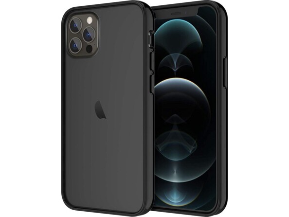 Vue arrière et de face d'un iPhone 12 Pro Max coloris noir avec coque de protection transparente à contour noir
