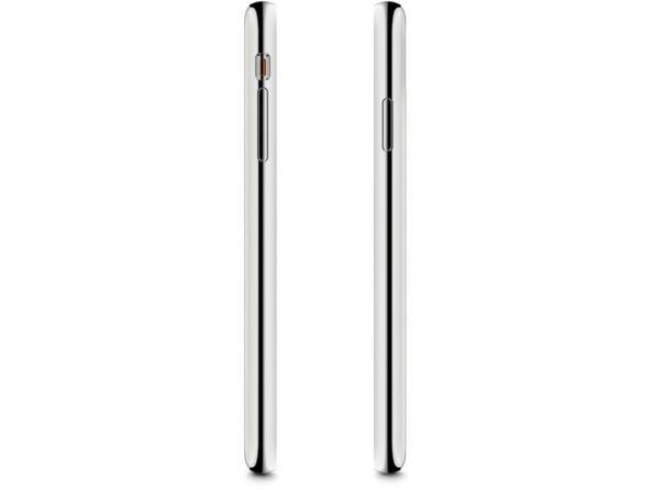 Côté gauche et côté droit d'un smartphone Apple avec bumper gris argent laissant les boutons accessibles