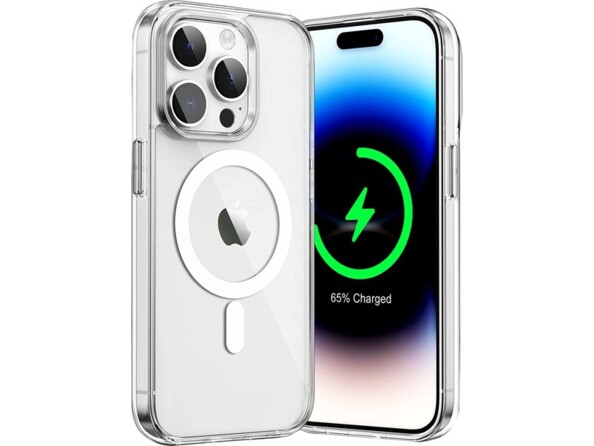 Mise en situation d'un iPhone 14 Pro de biais dace arrière et face avant en cours de chargement avec coque souple transparente compatible MagSafe
