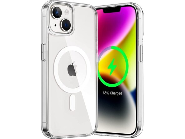 Mise en situation d'un iPhone 14 Plus de biais dace arrière et face avant en cours de chargement avec coque souple transparente compatible MagSafe