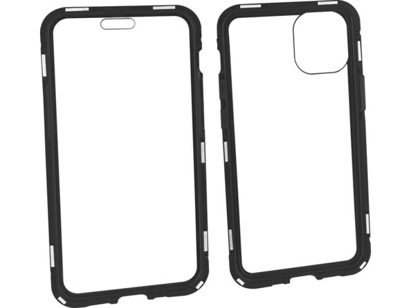 Vitre avant et vitre arrière en verre trempé avec chacune leur structure en aluminium magnétique coloris noir de la coque en deux parties 360° Novodio pour iPhone 12 Mini