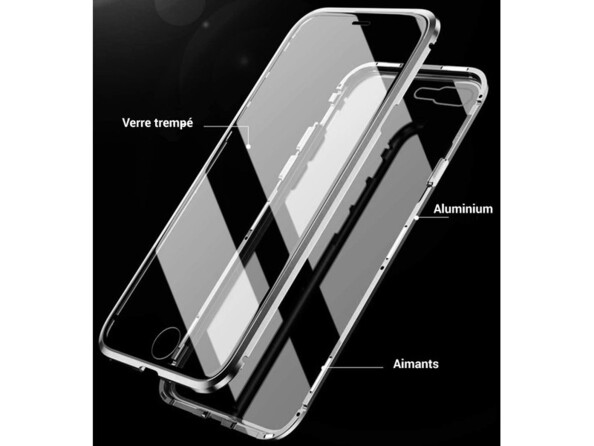 Description des trois composants de la coque 360° Novodio pour iPhone 12 Pro Max sur fond noir : contour en aluminium, verre trempé à l'avant et à l'arrière et aimants intégrés au contour