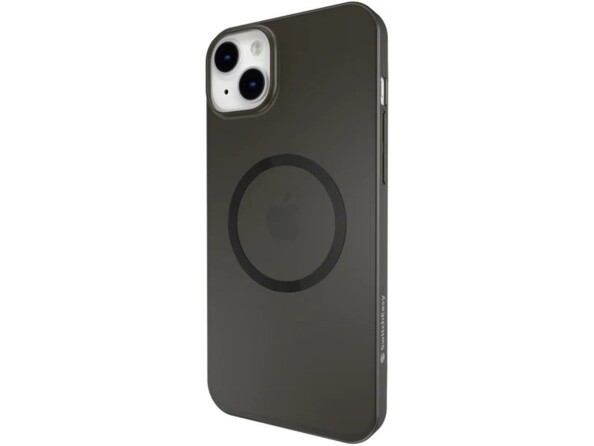 Vue de biais sur l'étui de protection avec anneau MagSafe coloris noir translucide sur un iPhone 14 Plus au boîtier gris/blanc