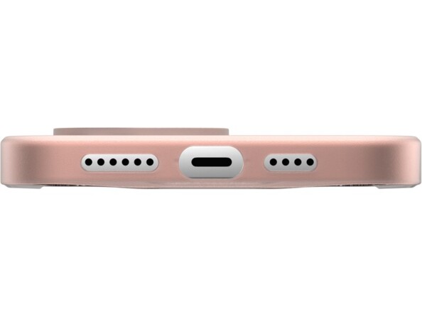 Vue du dessous du téléphone revêtu de la coque avec ouvertures pour haut-parleurs et port de chargement USB-C