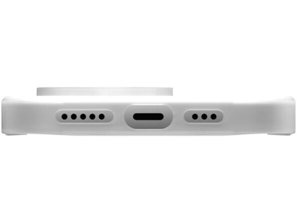 Vue du dessous du téléphone revêtu de la coque avec ouvertures pour haut-parleurs et port de chargement USB-C