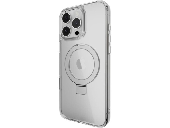 Vue arrière de biais d'un iPhone 16 Pro Max avec étui transparent magnétique compatible MagSafe avec support téléphone intégré