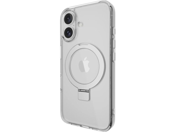 Vue arrière de biais d'un iPhone 16 avec étui transparent magnétique compatible MagSafe avec support téléphone intégré
