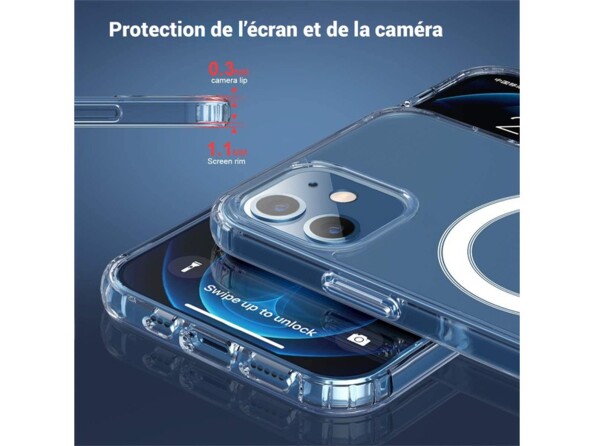 Vue avant et arrière d'un iPhone avec étui de protection rigide avec anneau magnétique MagSafe et bords surélevés au niveau de l'appareil photo et de l'écran