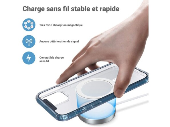 Schématisation d'un iphone avec coque magnétique Wiwu sur un accessoire magnétique compatible charge sans fil sans détérioration du signal réseau