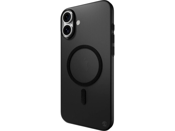 Vue de biais arrière de la housse de protection semi-rigide noir transparent en polypropylène sur le boîtier d'un iPhone 16