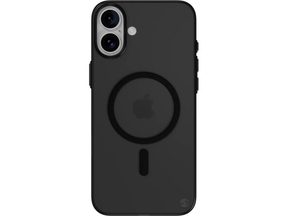 iPhone 16 gris avec étui mat noir à anneau magnétique compatible MagSafe