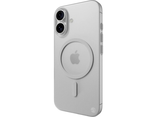 Vue de biais arrière de la housse de protection semi-rigide transparente en polypropylène sur le boîtier d'un iPhone 16